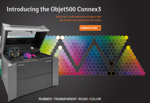 Objet500 Connex3 3D принтерът на Stratasys, може да печата цветни гумирани предмети