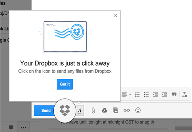 Dropbox разширение за Chrome позволява бързо добавяне на файлови връзки в Gmail