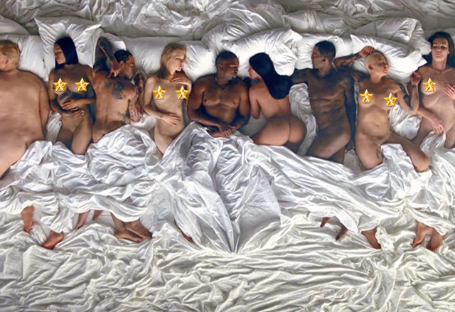 Кание Уест със скандален клип, в който лежи гол в легло с 12 известни личности