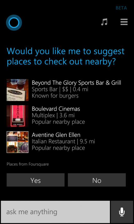 Cortana вече показва и резултати от Foursquare
